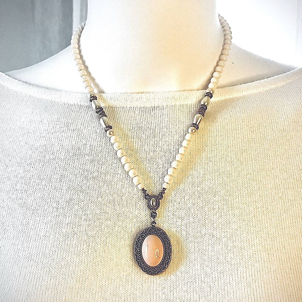 1928 Pendant Locket Necklace, gold tone, pink stone, cream beads